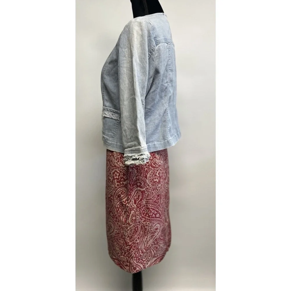 Womens Light Wash Denim Jacket Studded Fray Trim Sz 8 P Short‎ Boho Western